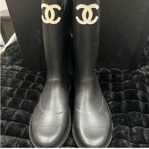 CHANEL Black and White Logo Rain Boots